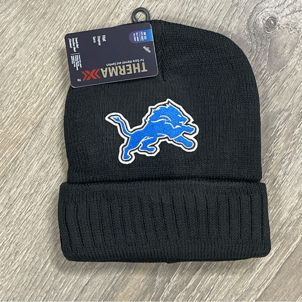 Black Knit Beanie with Blue Detroit Lions Logo - Picture 2 of 3